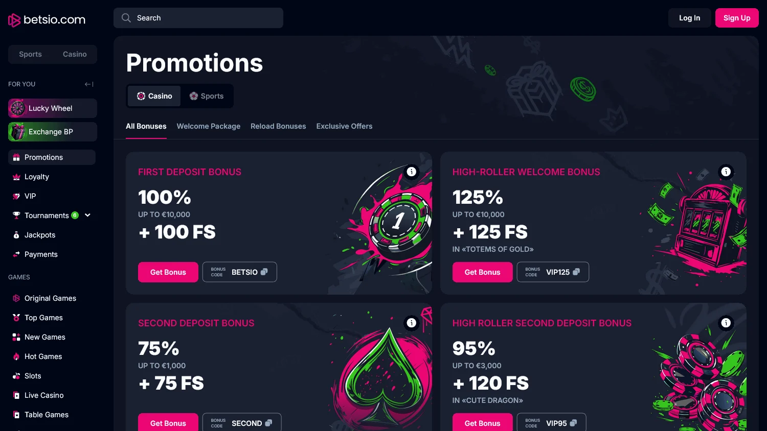 Betsio Casino desktop promotions with bonuses, cashback and tournament offers