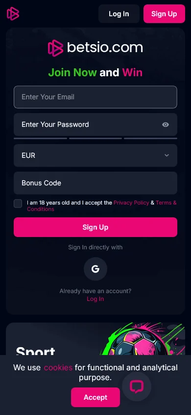 Betsio Casino mobile browser home with touch-friendly casino navigation
