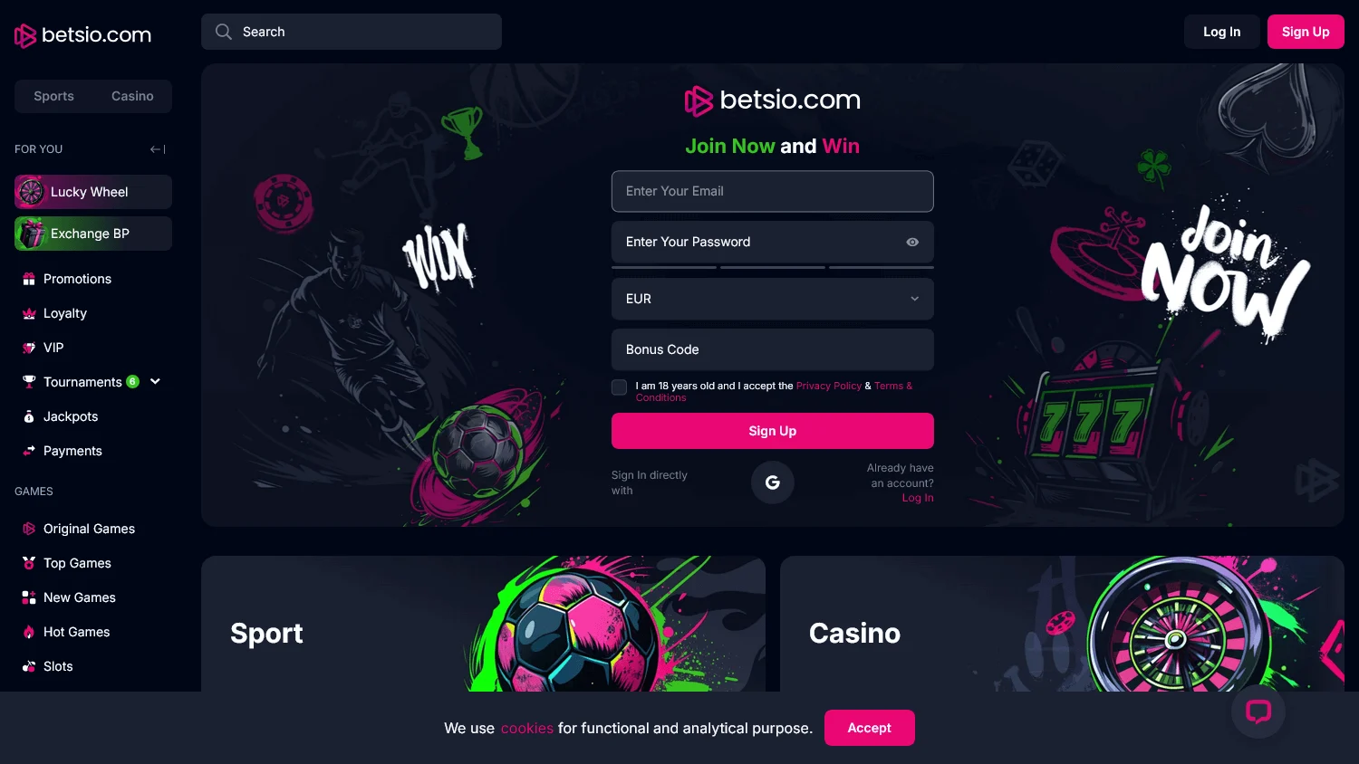 Betsio Casino desktop home with casino games and betting categories