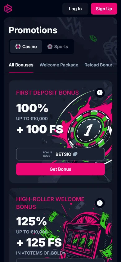 Betsio Casino mobile browser promotions with bonus and loyalty offers